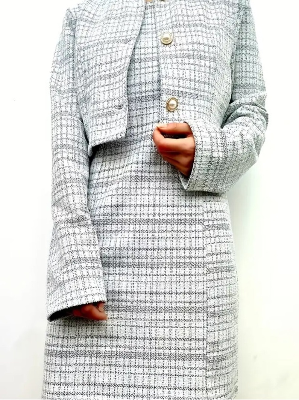 SHEIN Gray Tweed Cropped Jacket & dress Set